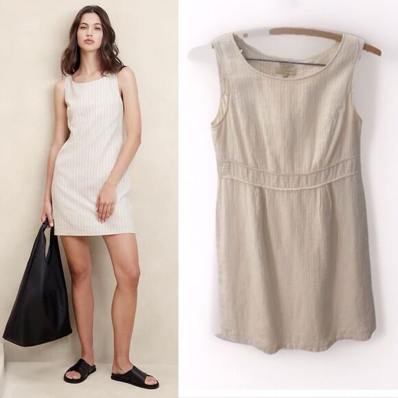 90s VINTAGE Linen Shift Dress 12 Sleeveless Pinstripe Preppy Cottagecore Office - Picture 1 of 11